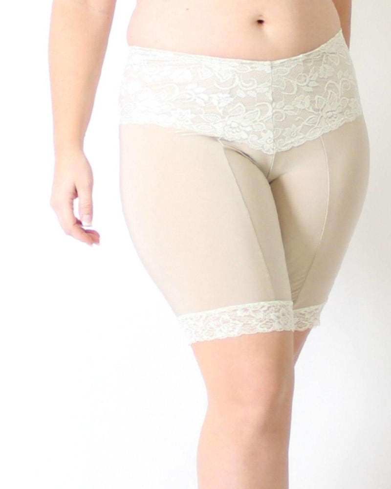 Front of a model wearing a size L Lace Anti Chafing Shortlette Slipshort in Ecru/Light Beige by Undersummers. | dia_product_style_image_id:243509
